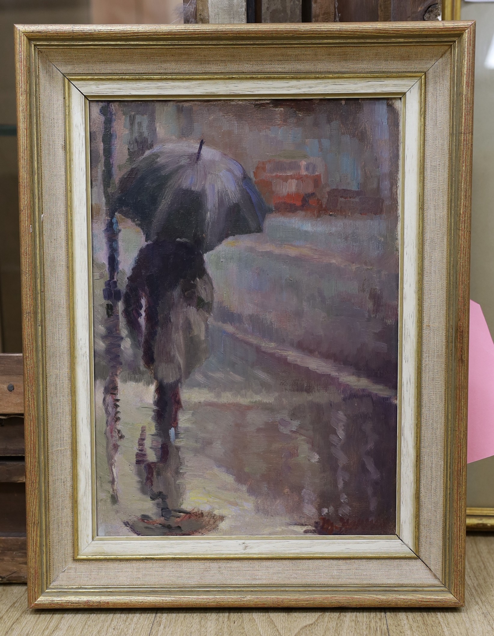 Marjorie Harris, oil on board, 'Rainy day in London', signed, 34 x 24cm